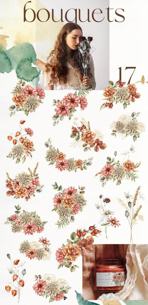 BRIGHT AUTUMN watercolor flowers, pumpkins and birds fall illustrations - Image 3