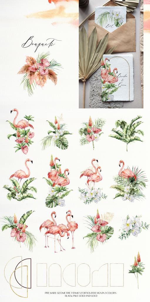 Flamingo watercolor tropical leaves, flowers and birds illustrations - Image 3
