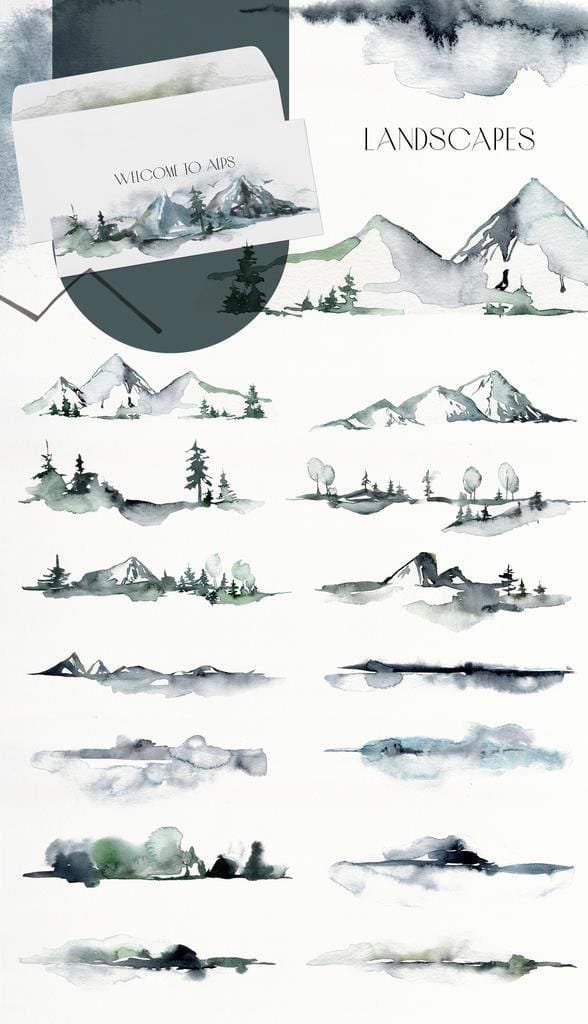Foggy Mountains and forest watercolor landscape Mix Media Collection - Image 3