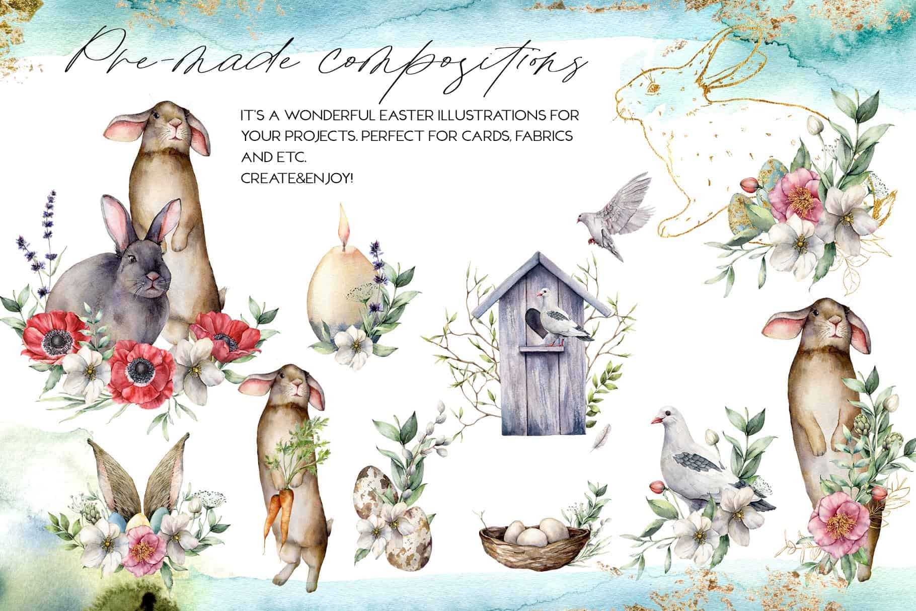 Spring song watercolor Easter bunny flowers illustrations - Image 3