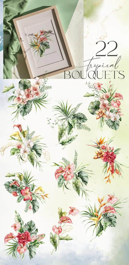 Tropical island watercolor jungle flowers and foliage illustrations - Image 3