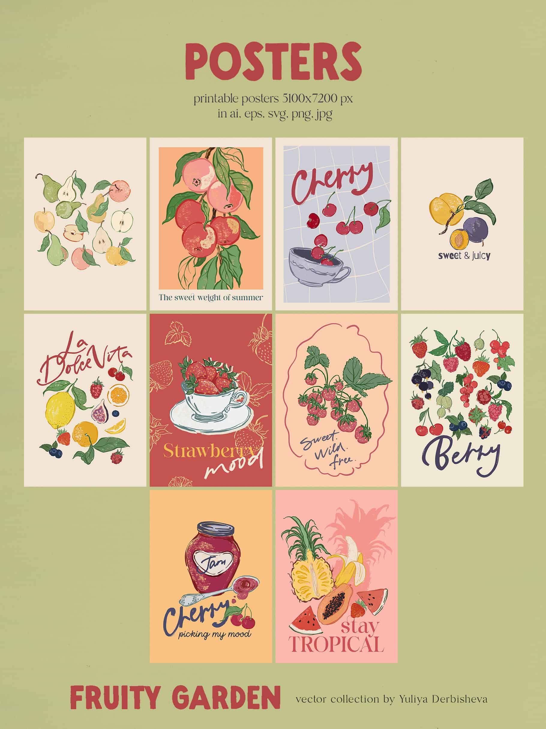 Fruity Garden vector fruits and berries illustrations, posters, patterns - Image 3
