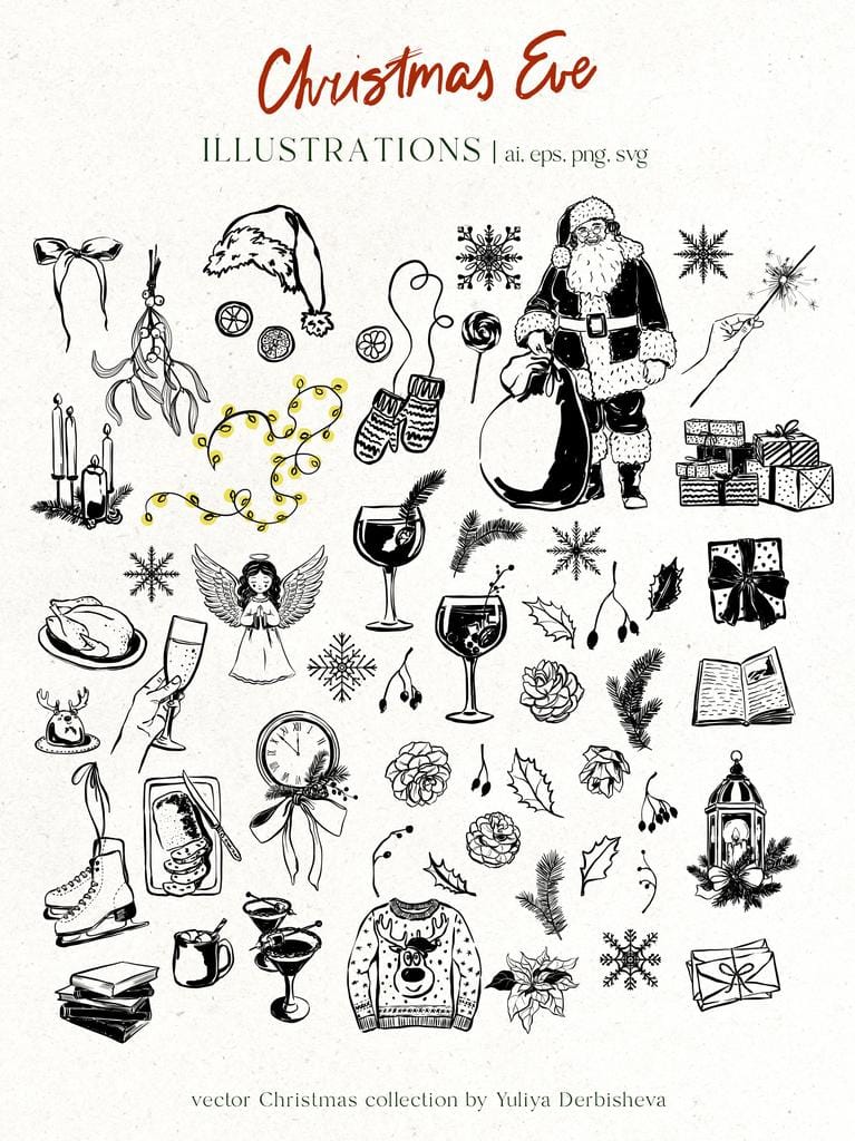 Christmas Eve vector doodles illustrations and festive design - Image 4