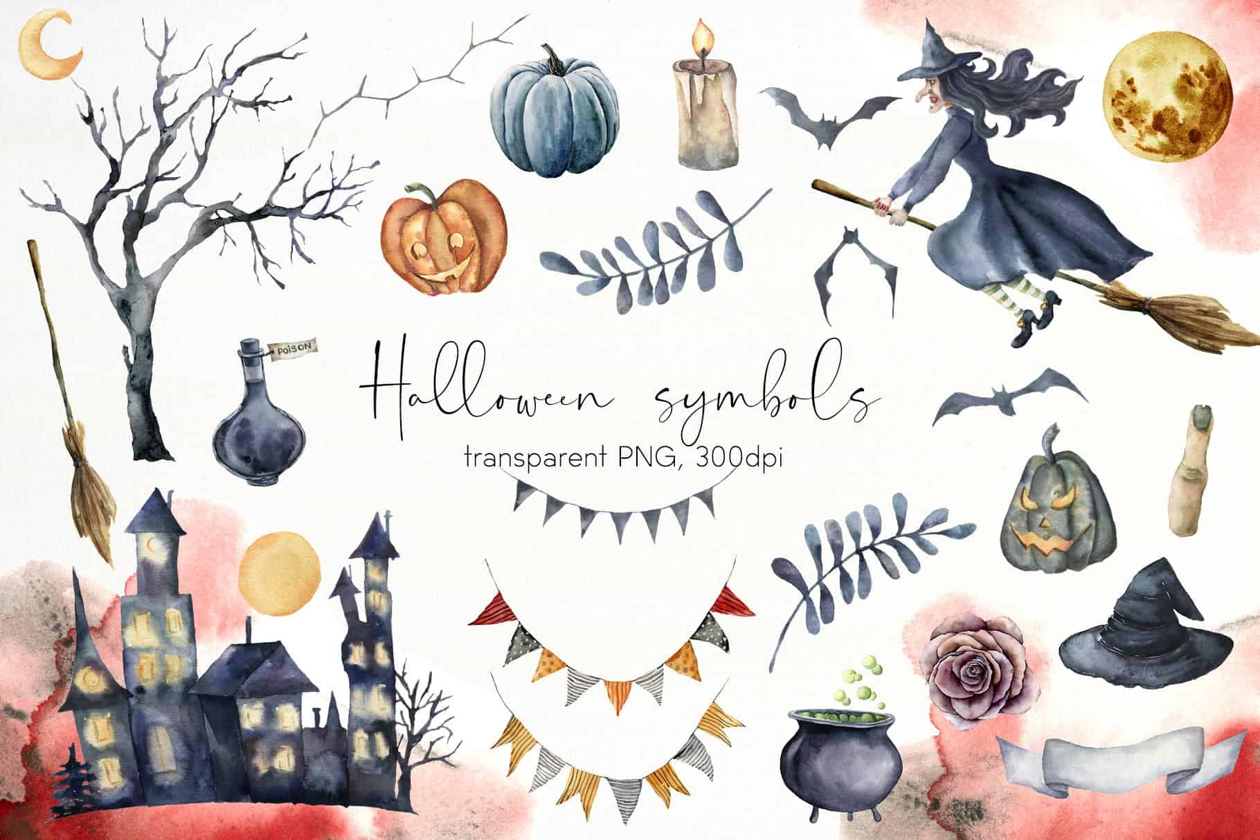 Watercolor Happy Halloween night party Illustrations - Image 4