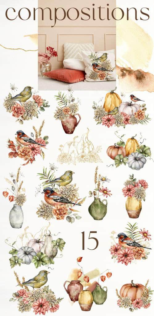BRIGHT AUTUMN watercolor flowers, pumpkins and birds fall illustrations - Image 4