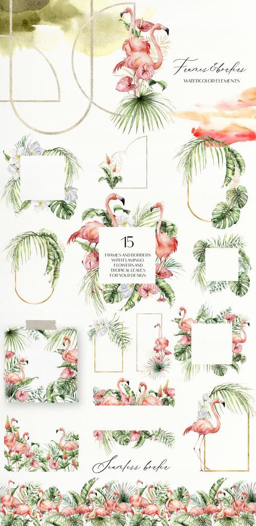 Flamingo watercolor tropical leaves, flowers and birds illustrations - Image 4