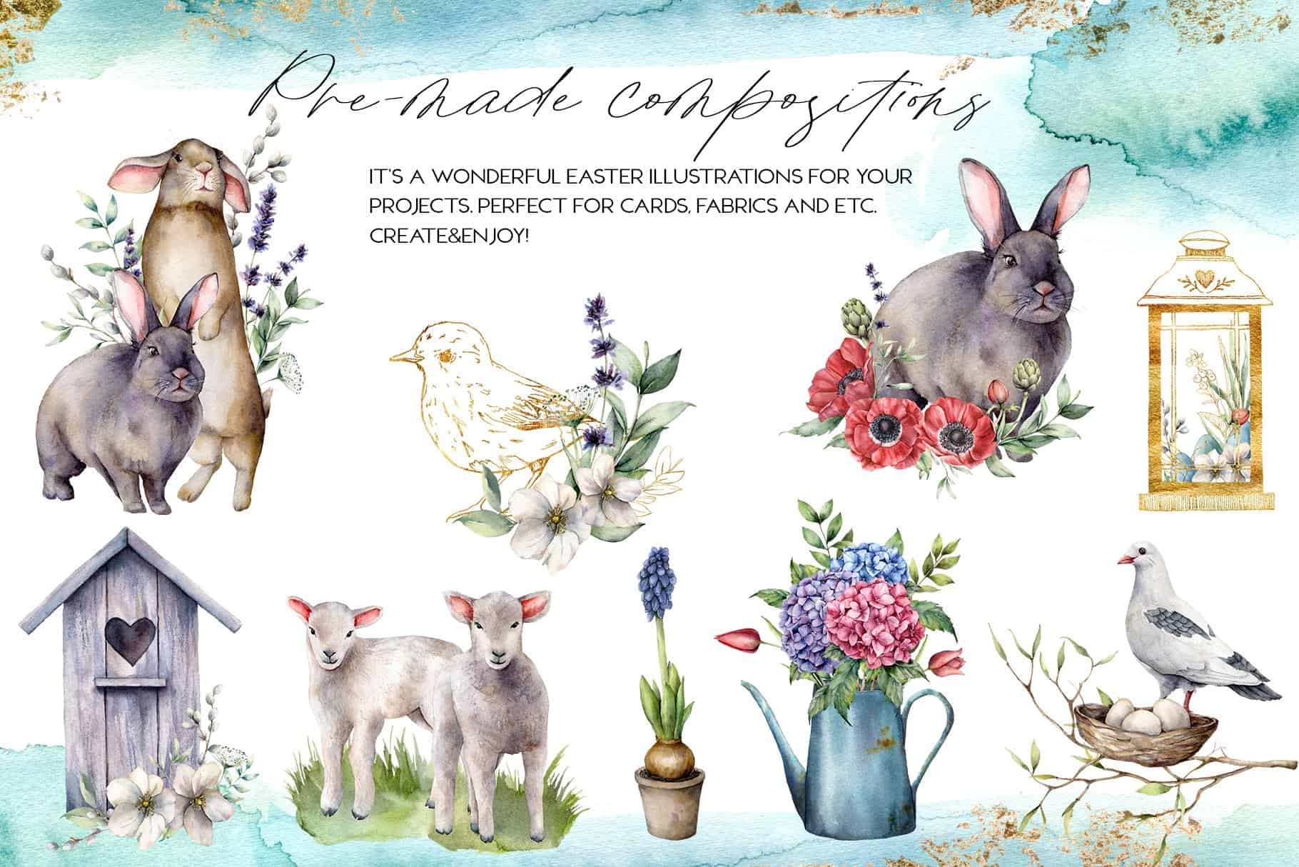 Spring song watercolor Easter bunny flowers illustrations - Image 4