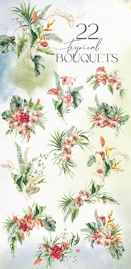 Tropical island watercolor jungle flowers and foliage illustrations - Image 4