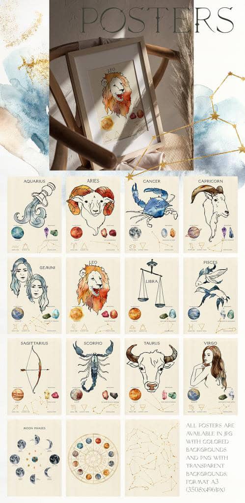 ASTROLOGY zodiac signs illustrations watercolor - Image 4