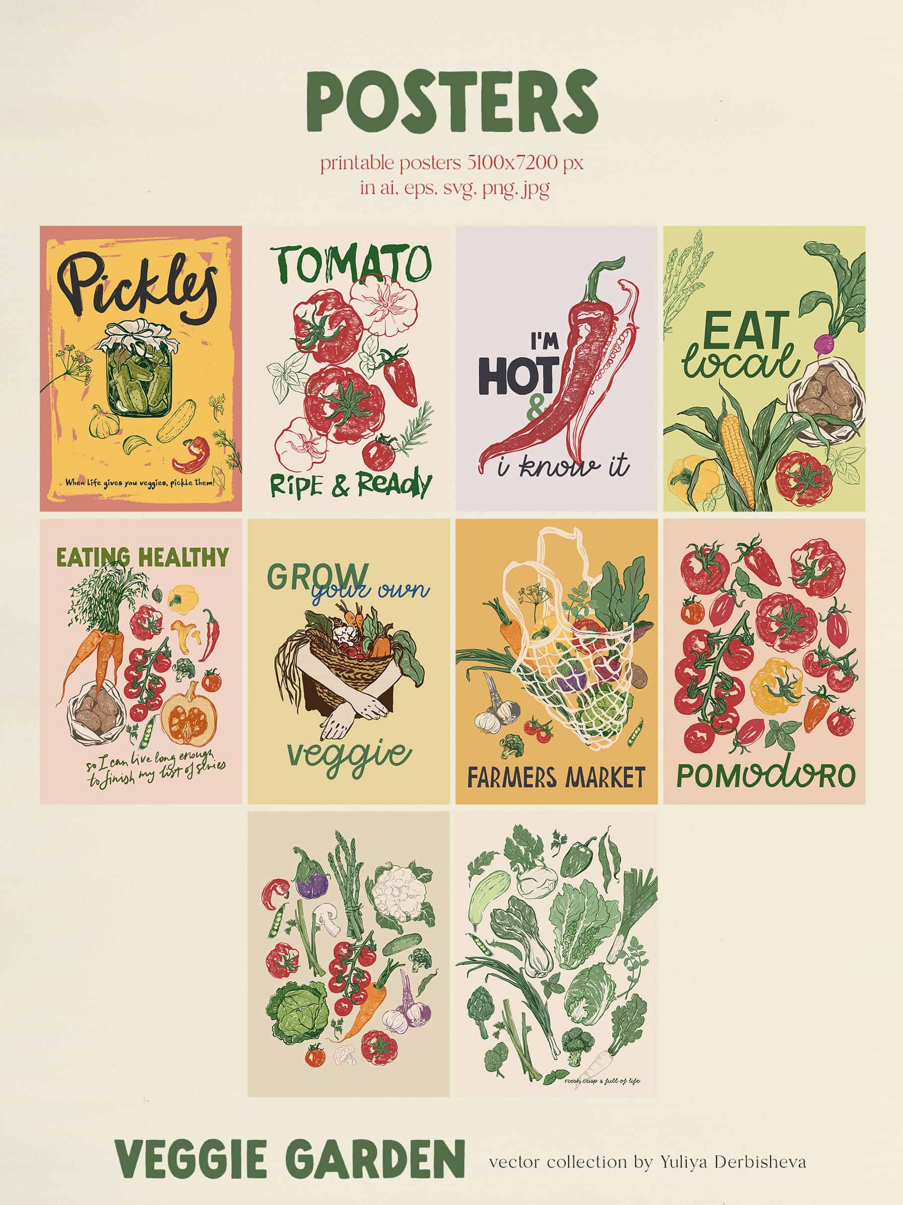 Veggie Garden – Hand-Drawn Vegetables Vector Illustrations, Patterns & Posters - Image 4