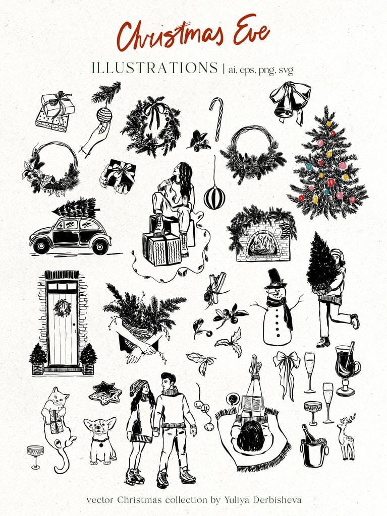 Christmas Eve vector doodles illustrations and festive design - Image 5