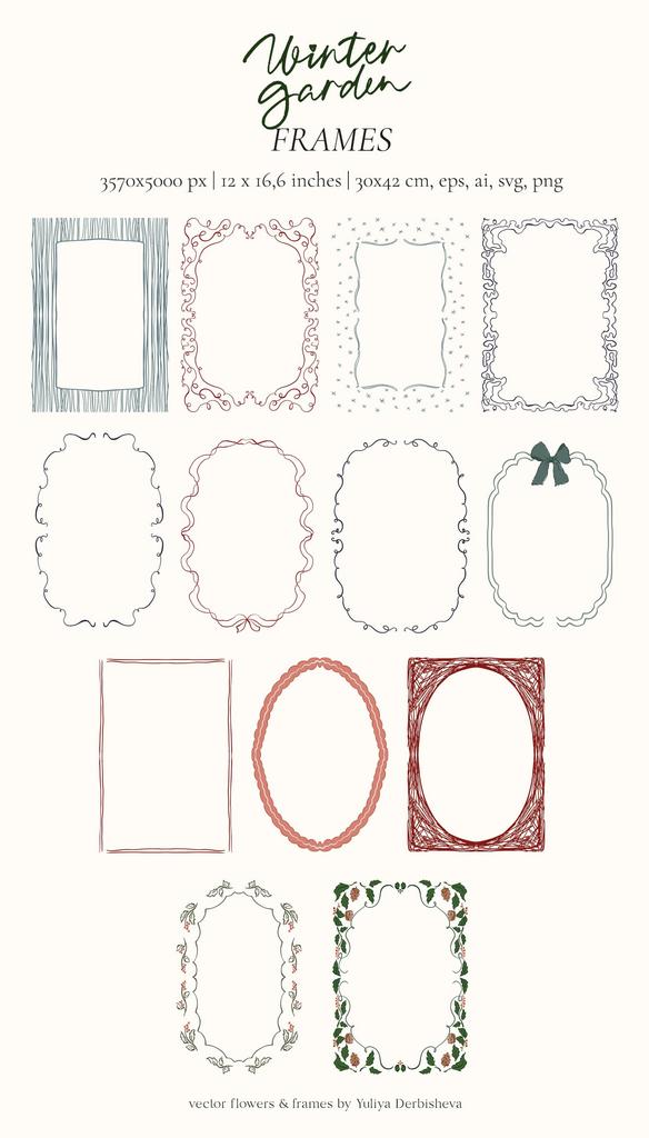 Winter Garden vector whimsy flowers and leaves, Christmas frames and seamless patterns - Image 5