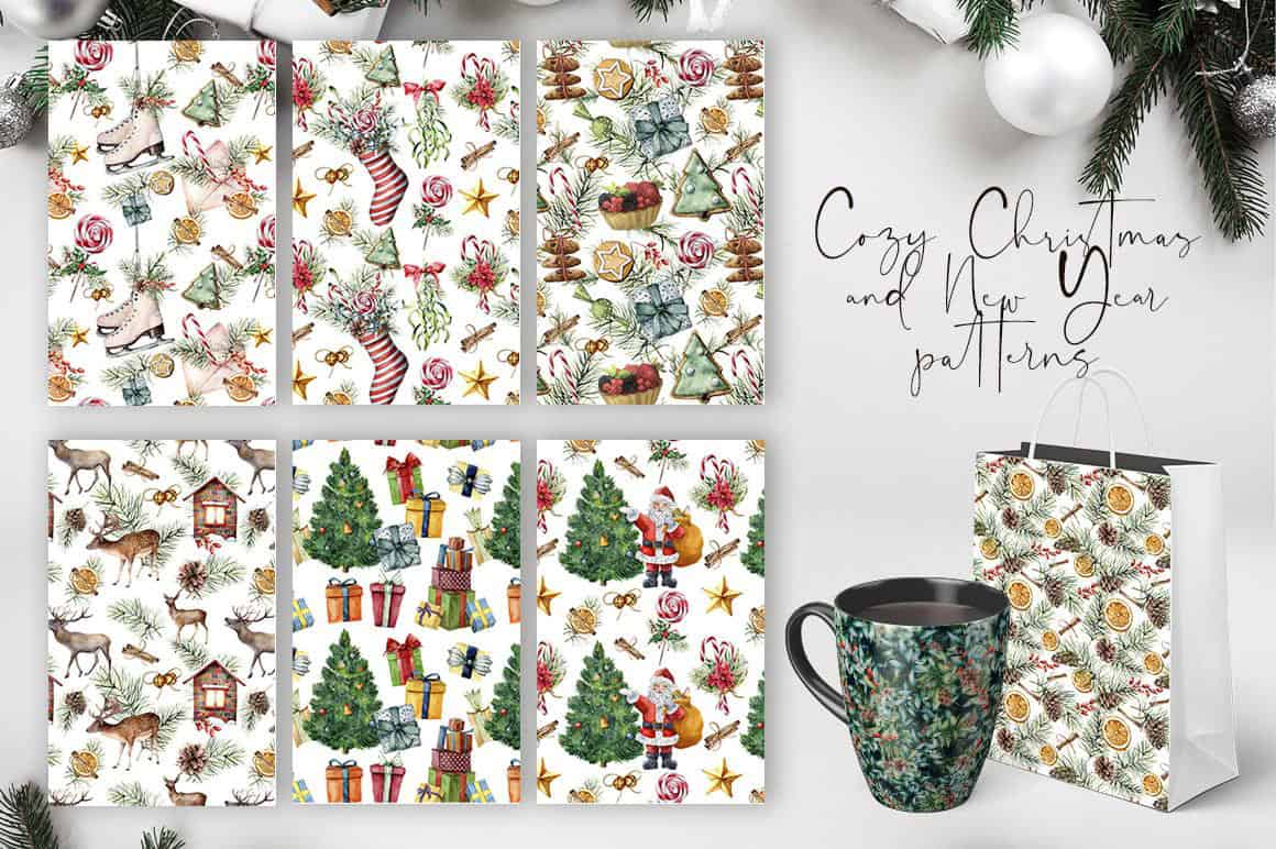 35 elegant Christmas surface pattern design watercolor illustration - Image 5