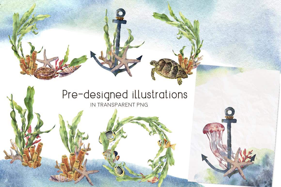Underwater ocean watercolor clipart - Image 6