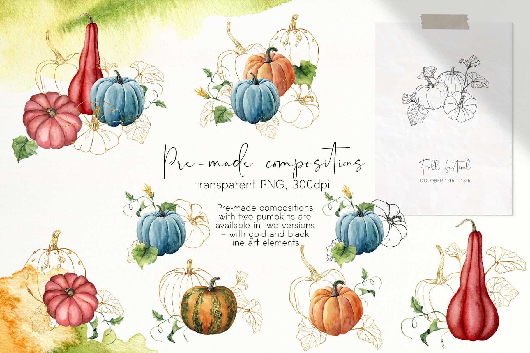 Pumpkins Watercolor & Line Art Illustrations - Image 6