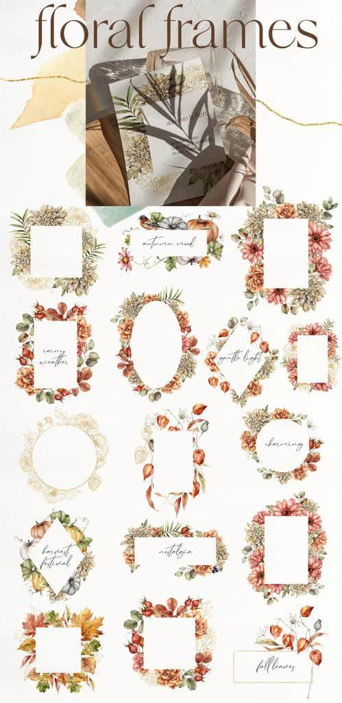 BRIGHT AUTUMN watercolor flowers, pumpkins and birds fall illustrations - Image 6