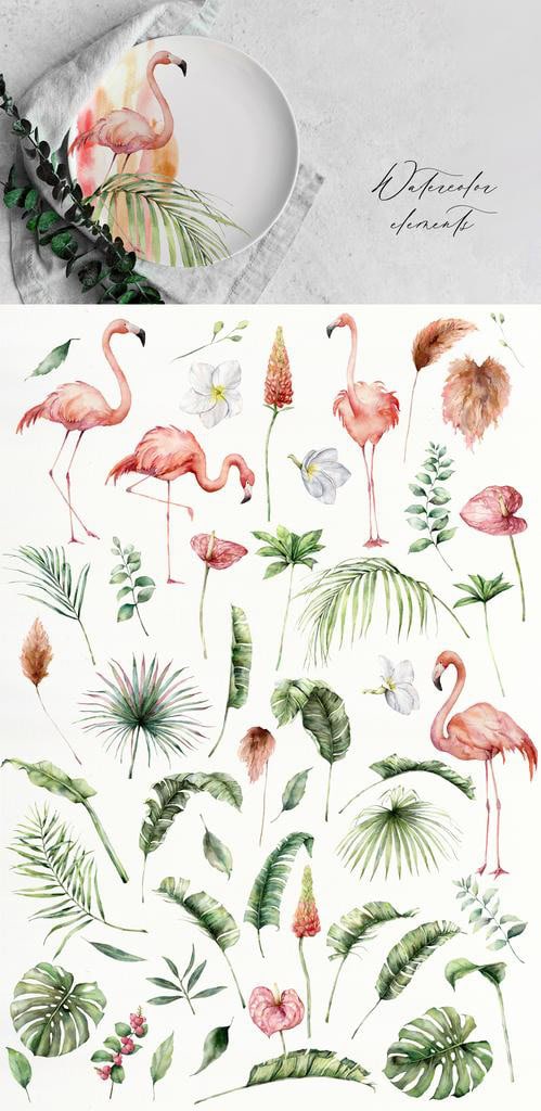 Flamingo watercolor tropical leaves, flowers and birds illustrations - Image 6