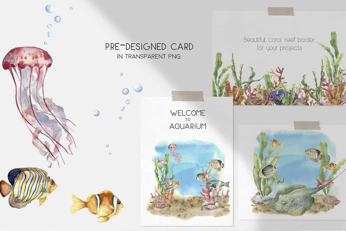 Underwater ocean watercolor clipart - Image 7