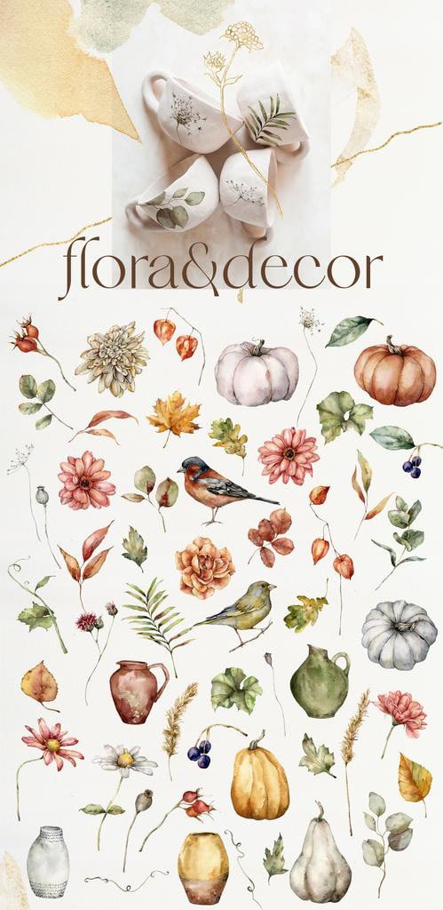 BRIGHT AUTUMN watercolor flowers, pumpkins and birds fall illustrations - Image 7