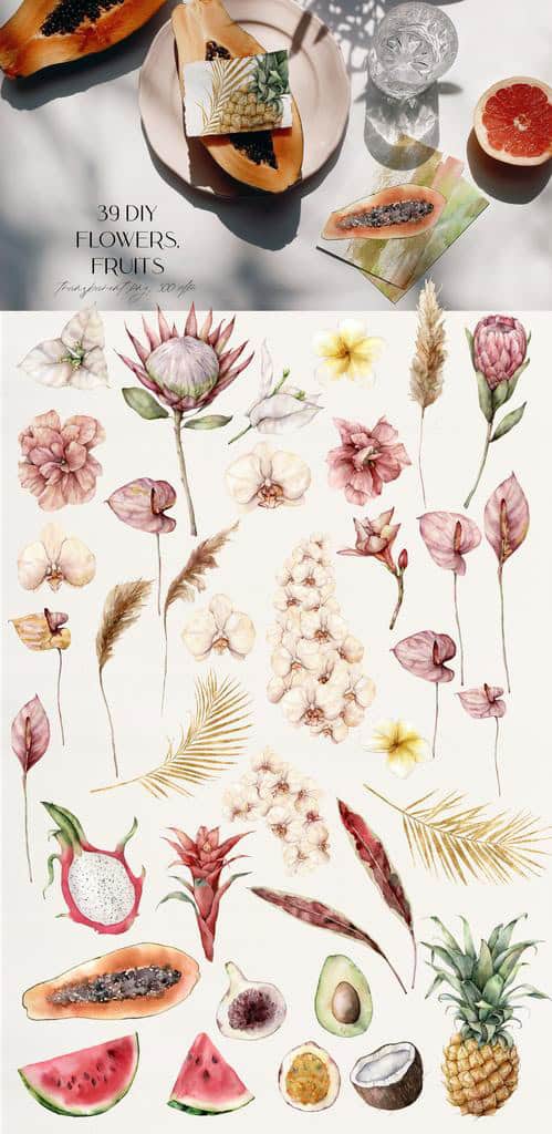 Tropicana: Watercolor Tropical Flowers, Leaves, and Fruits Illustrations - Image 7