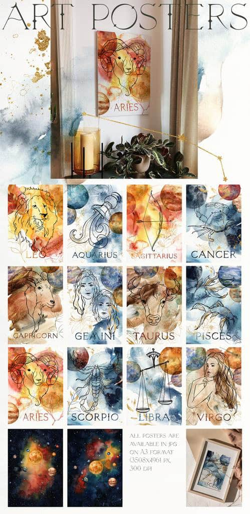ASTROLOGY zodiac signs illustrations watercolor - Image 7