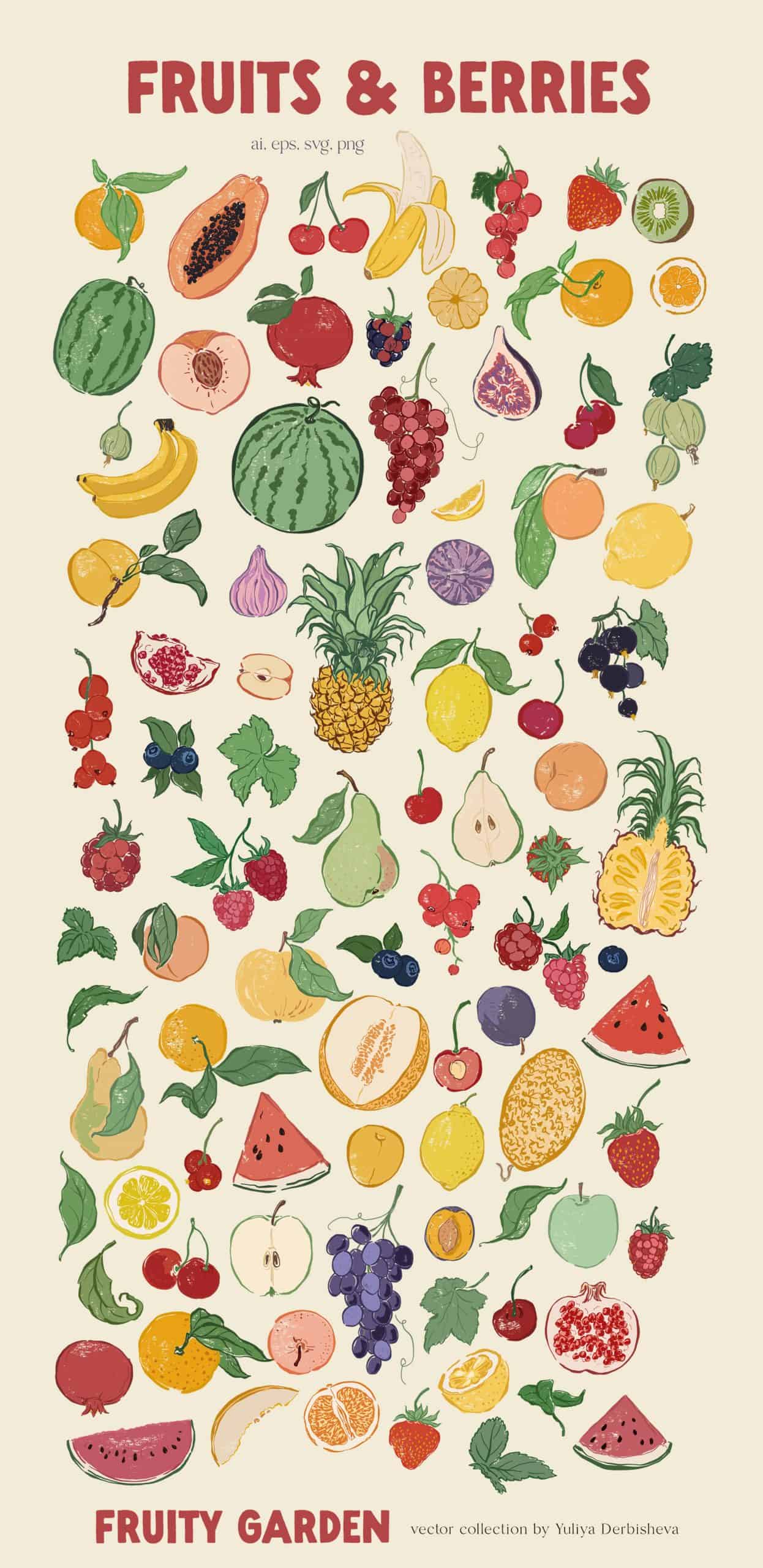 Fruity Garden vector fruits and berries illustrations, posters, patterns - Image 7