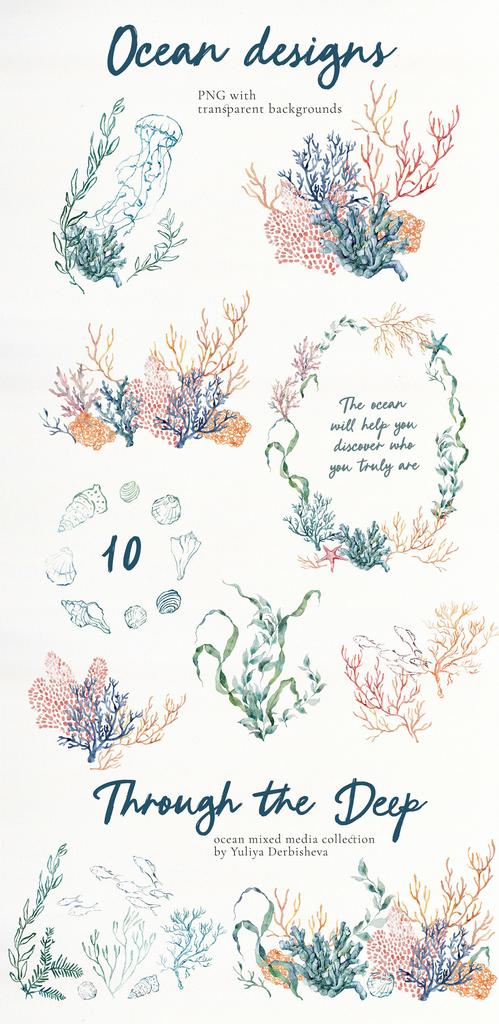 Through the Deep – Mixed Media Ocean backgrounds & marine graphics - Image 8