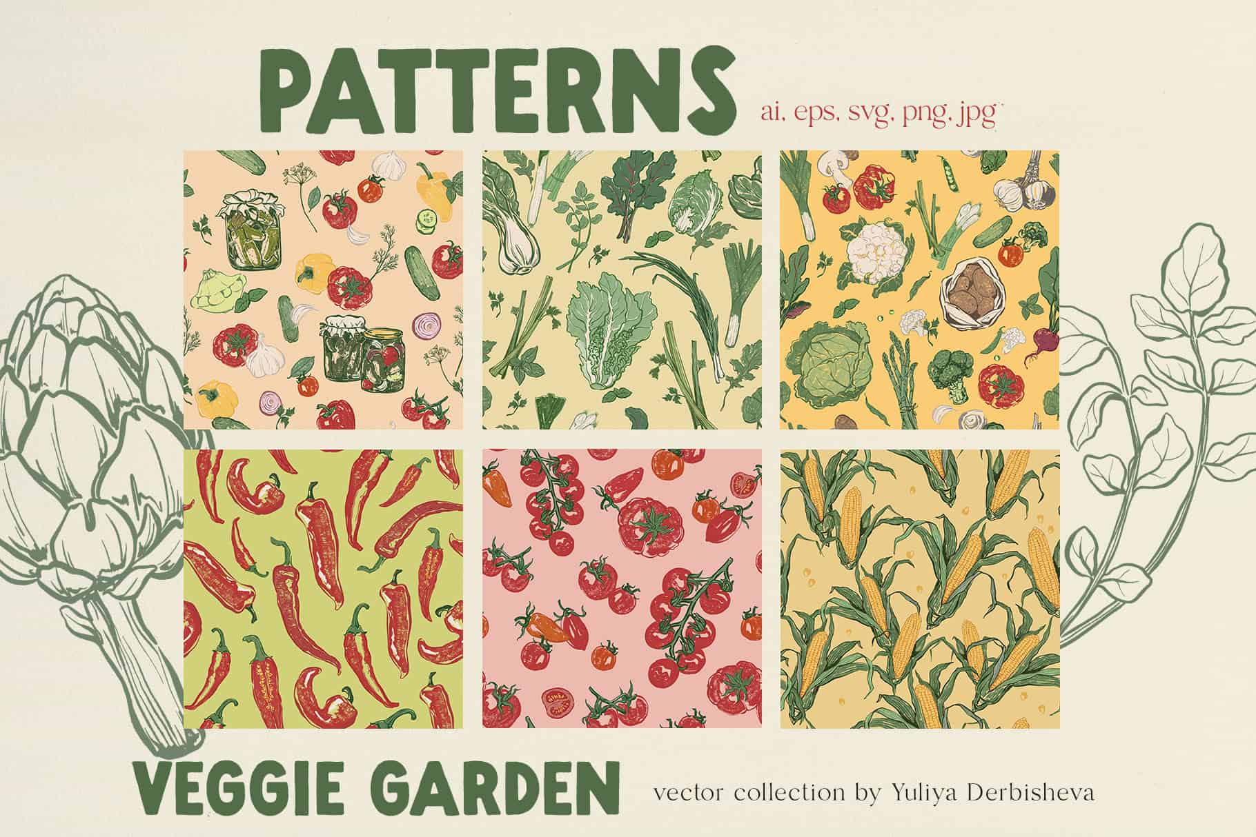 Veggie Garden – Hand-Drawn Vegetables Vector Illustrations, Patterns & Posters - Image 9