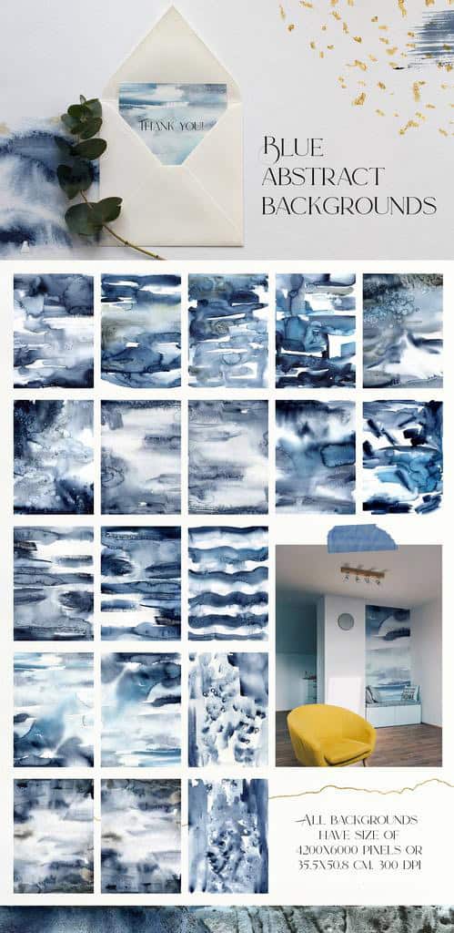 Deep blue watercolor abstract backgrounds + sea animals - Image 10