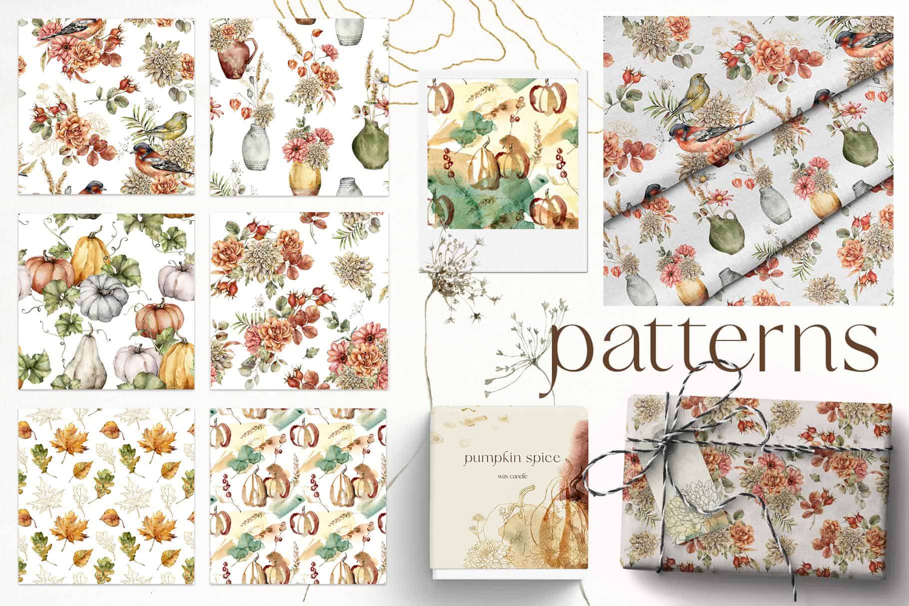BRIGHT AUTUMN watercolor flowers, pumpkins and birds fall illustrations - Image 11