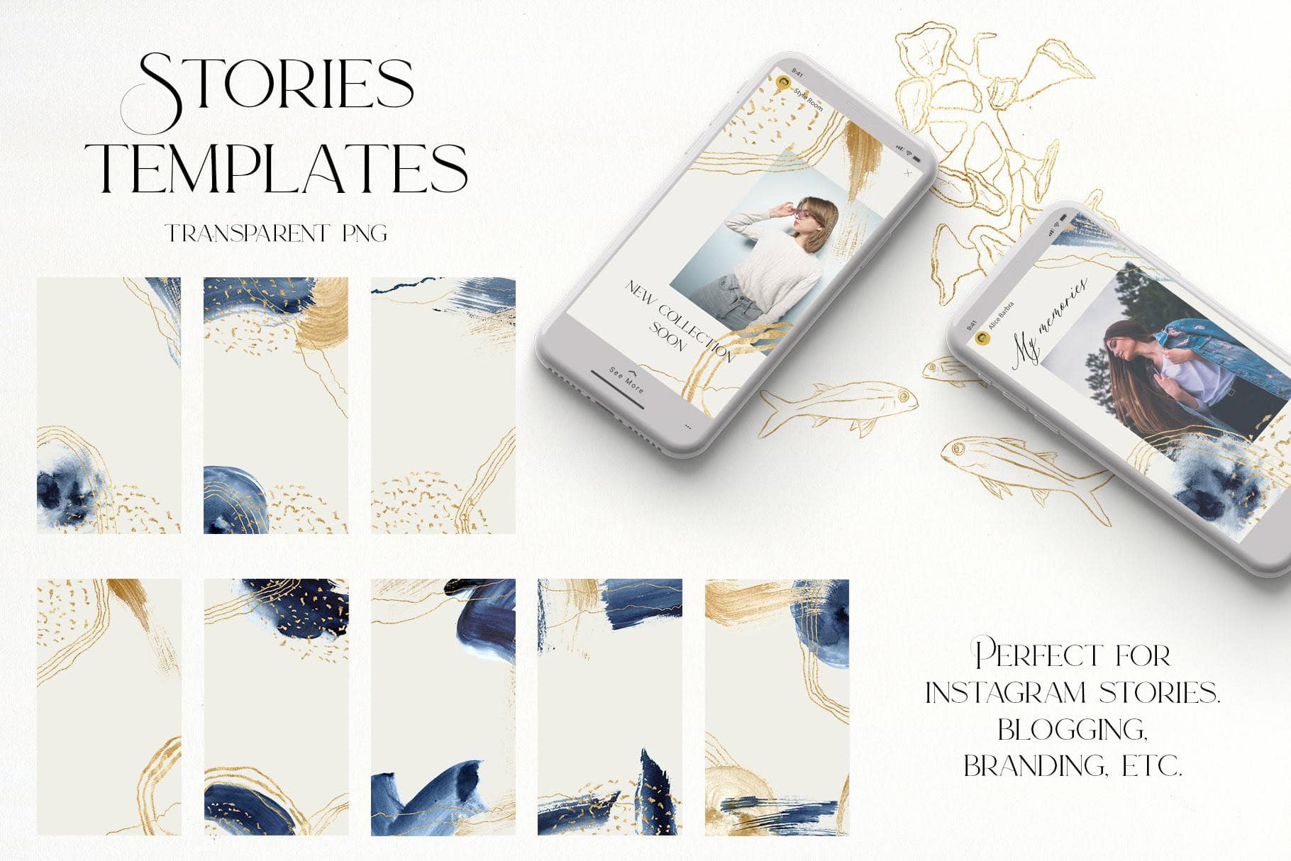 Deep blue watercolor abstract backgrounds + sea animals - Image 11