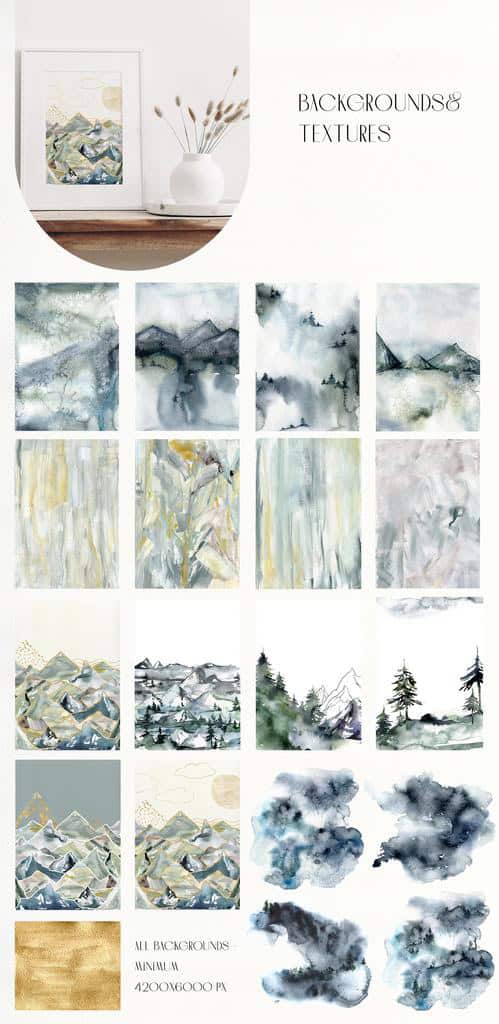 Foggy Mountains and forest watercolor landscape Mix Media Collection - Image 12