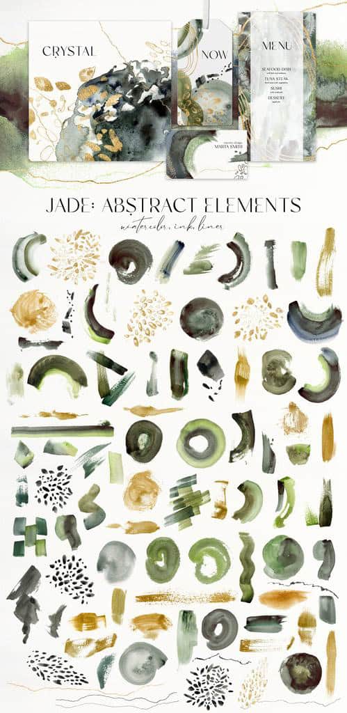 Jade green and gold watercolor abstract backgrounds and textures - Image 11