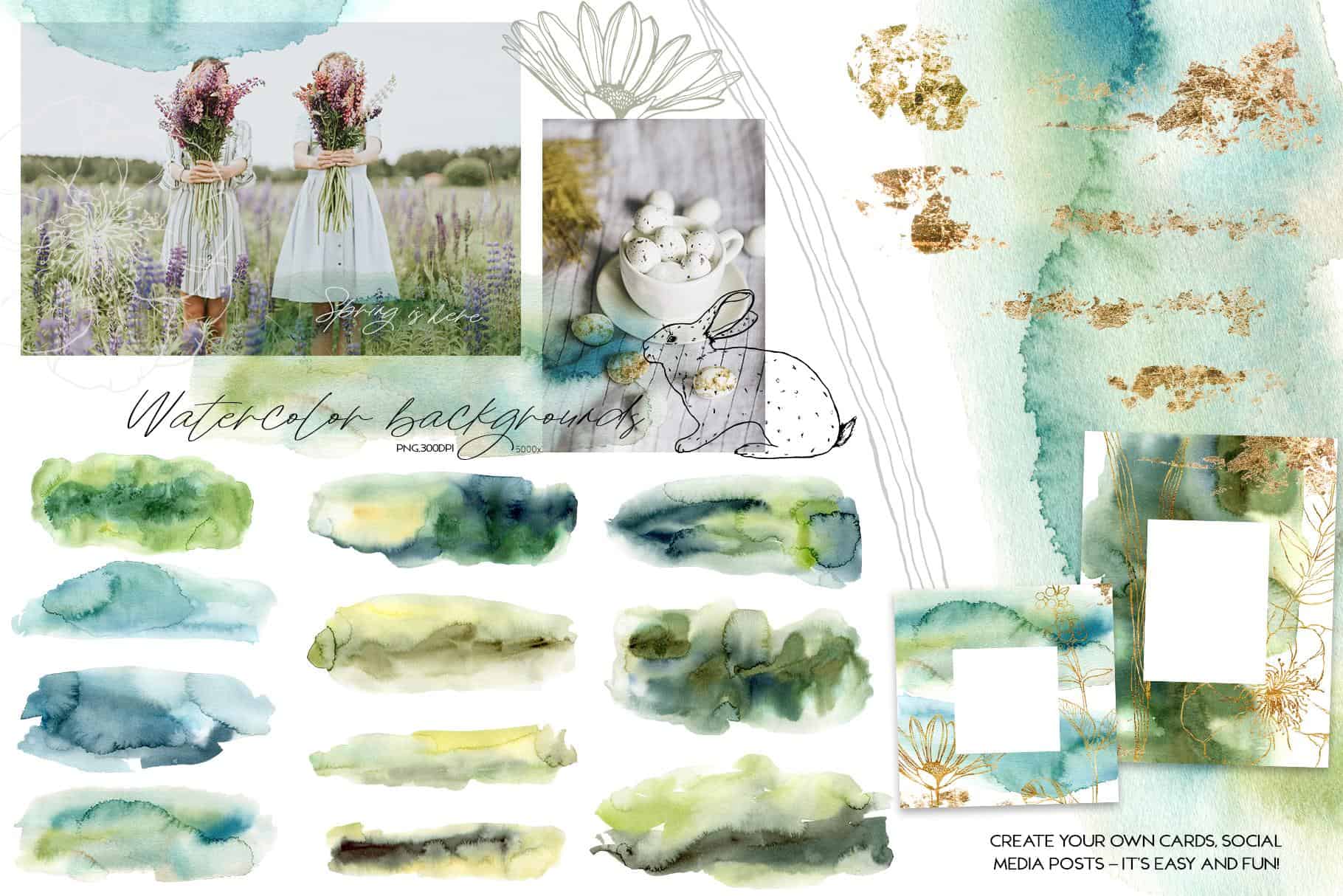 Spring song watercolor Easter bunny flowers illustrations - Image 13