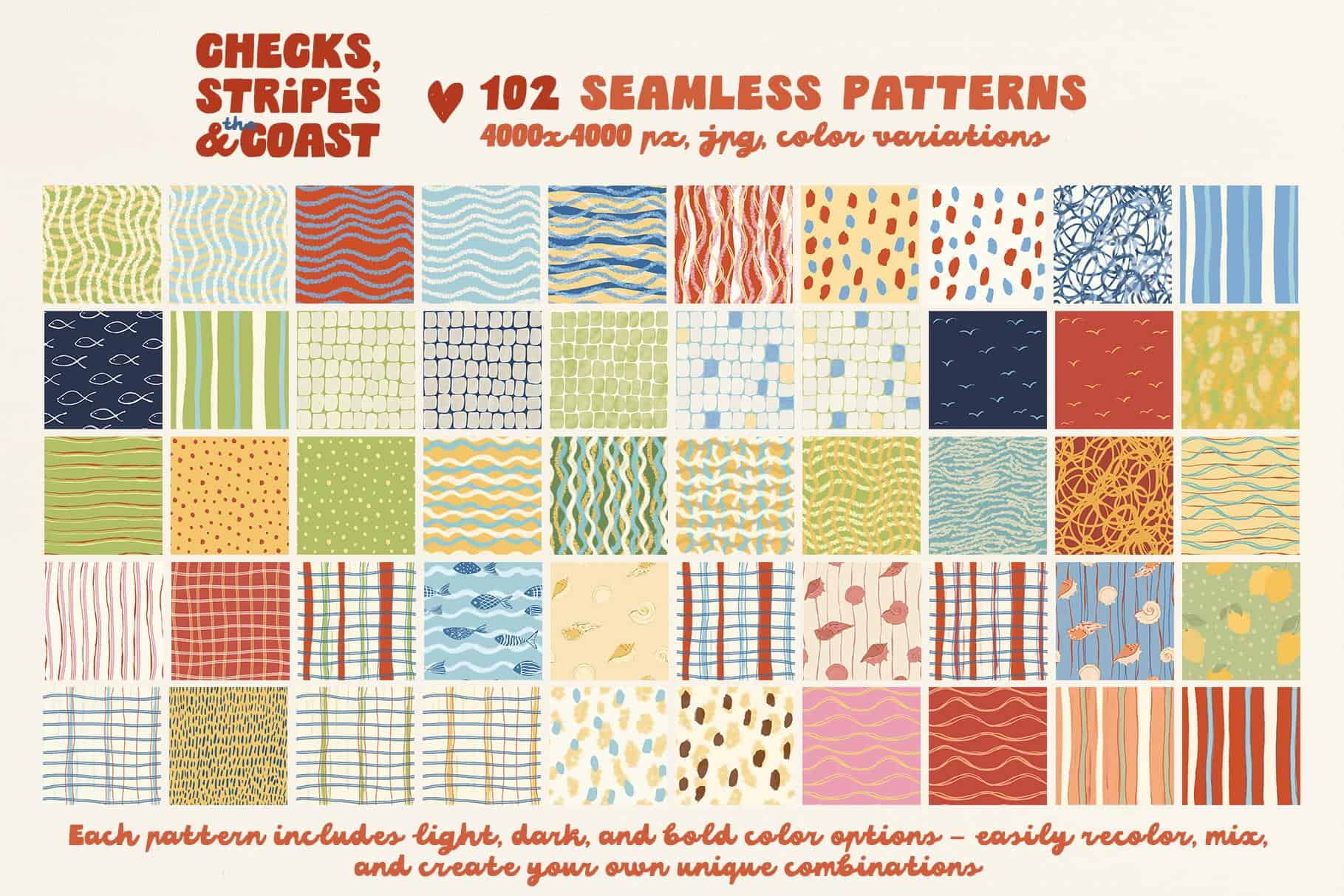 Checks, Stripes & the Coast — Hand-Drawn Coastal Seamless Patterns - Image 2