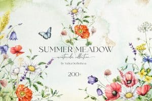 Watercolor wildflowers in summer meadow with butterflies and bees.
