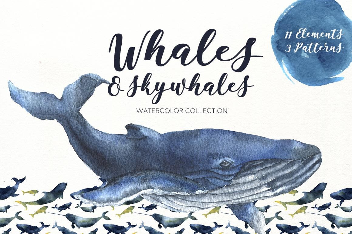 Watercolor whale and skywhale illustrations for underwater watercolors.