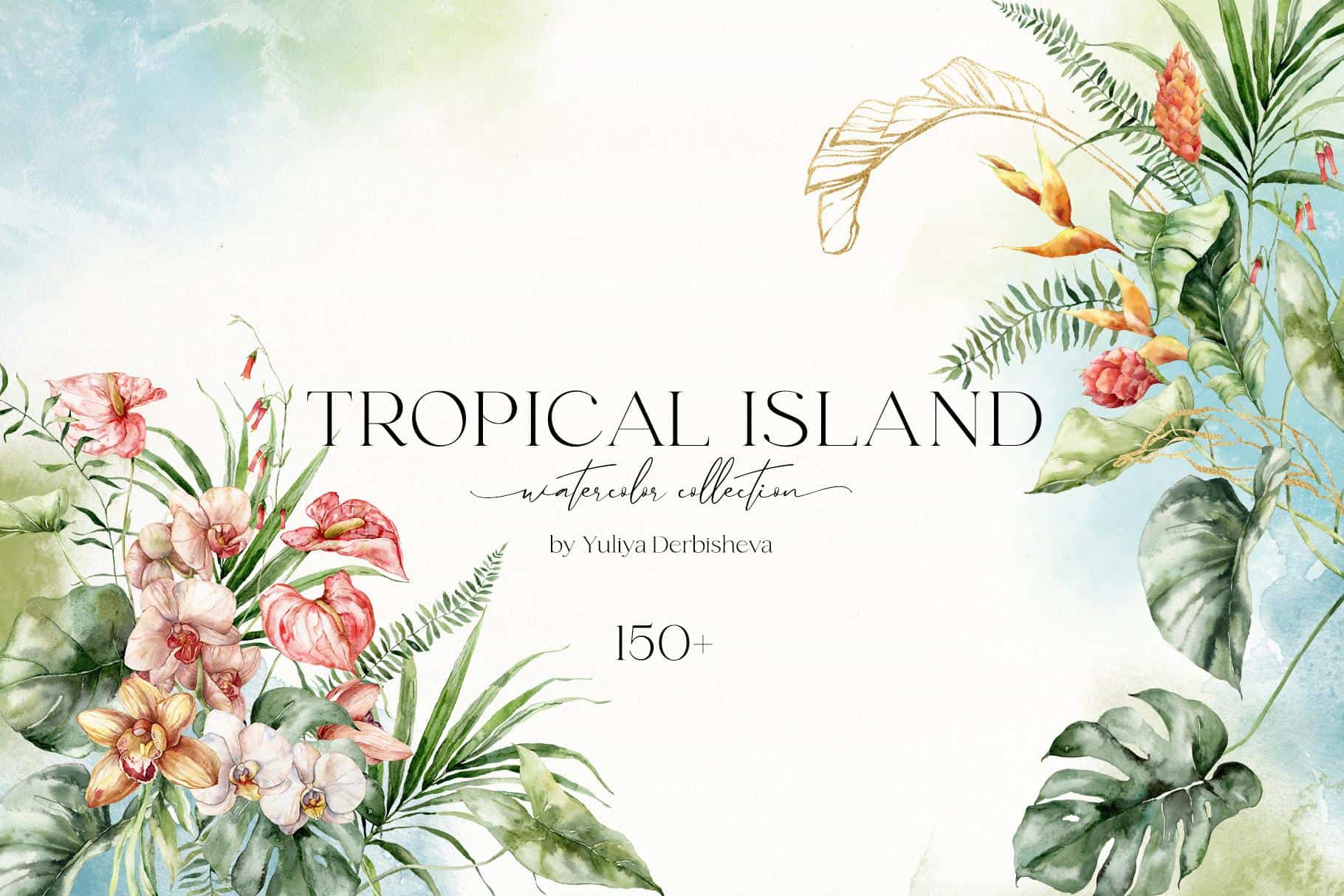 Watercolor tropical island jungle flowers and lush foliage illustration.