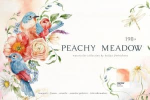 Watercolor artwork featuring two bluebirds and floral elements for Peachy Meadow collection.