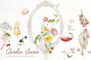 Watercolor floral arrangement with mirror, flowers, and decorative items for garden soirée.
