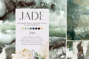Jade green and gold watercolor abstract background with textures and shapes.