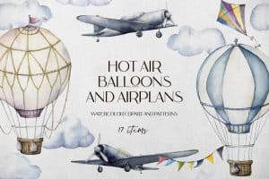 Watercolor vintage illustration of hot air balloons and airplanes in the sky.