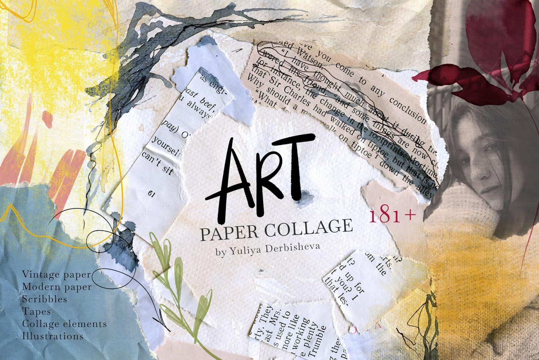 Art collage with torn paper, sketches, and mixed media elements.