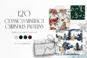 Watercolor Christmas patterns with trees, birds, and holiday motifs for seamless design.