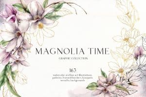 Watercolor magnolia flowers with green leaves and gold accents for Magnolia Time collection.