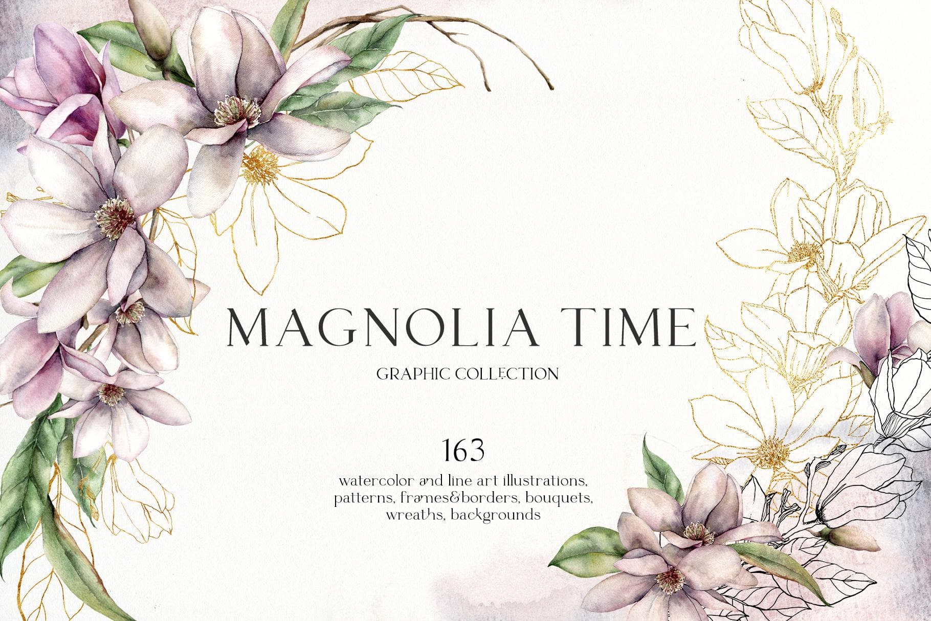Watercolor magnolia flowers with green leaves and gold accents for Magnolia Time collection.