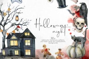 Watercolor Halloween night scene with haunted house, bats, skull, and spooky elements.