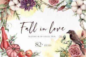 Watercolor autumn flowers with a bird and pumpkins for fall decor.