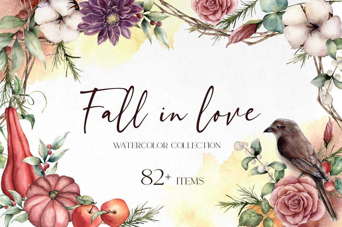 Watercolor autumn flowers with a bird and pumpkins for fall decor.