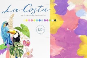 Bright tropical summer background with colorful abstract paint strokes and tropical birds.